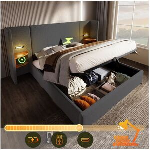 Merax Lit coffre 180 x 200 cm avec grand tête de lit et chevets - Lampe de lecture et prises USB + Type-C - Tissu en lin - Gris (sans matelas) Merax Lit coffre 180 x 200 cm avec grand tête de lit et chevets - Lampe de lecture et prises USB + Type-C - Tissu en lin - Gris (sans matelas)