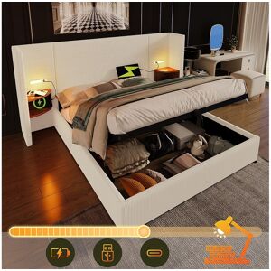 Merax Lit coffre 160 x 200 cm avec grand tête de lit et chevets - Lampe de lecture et prises USB + Type-C - Tissu en lin - Crème (sans matelas) Merax Lit coffre 160 x 200 cm avec grand tête de lit et chevets - Lampe de lecture et prises USB + Type-C - Tissu en lin - Crème (sans matelas)