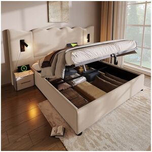 Merax Lit coffre 180 x 200 cm avec grand tête de lit - Lampe de lecture et prises USB + Type-C - Tissu lin et bois massif - Beige (sans matelas) Merax Lit coffre 180 x 200 cm avec grand tête de lit - Lampe de lecture et prises USB + Type-C - Tissu lin et bois massif - Beige (sans matelas)