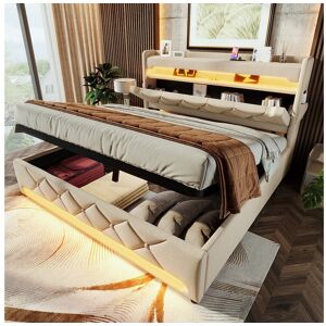 Merax Lit coffre double rembourré - 180 x 200 cm - Leds 360° + Tête de lit avec USB et Type C - tissu lin - beige Merax Lit coffre double rembourré - 180 x 200 cm - Leds 360° + Tête de lit avec USB et Type C - tissu lin - beige