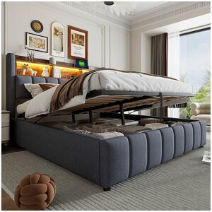 Merax Lit coffre capitonné double - 180 x 200 cm - avec Leds + port USB + tête de lit avec rangements - lin + métal + contreplaqué + MDF - gris Merax Lit coffre capitonné double - 180 x 200 cm - avec Leds + port USB + tête de lit avec rangements - lin + métal + contreplaqué + MDF - gris