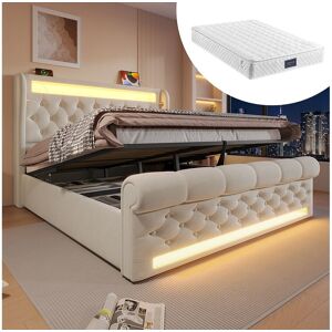 Merax Lit coffre rembourré - 160 x 200 cm - avec Leds - tête de lit avec rangement et USB - avec matelas - velours - beige Merax Lit coffre rembourré - 160 x 200 cm - avec Leds - tête de lit avec rangement et USB - avec matelas - velours - beige