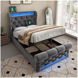 Merax Lit coffre rembourré - 90 x 200 cm - avec Leds - tête de Lit coffre avec rangement et USB - velours - gris Merax Lit coffre rembourré - 90 x 200 cm - avec Leds - tête de Lit coffre avec rangement et USB - velours - gris