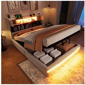 Merax Lit coffre rembourré - 140 x 200cm - avec USB-C + Leds - tête de lit avec rangements - lin + MDF - beige Merax Lit coffre rembourré - 140 x 200cm - avec USB-C + Leds - tête de lit avec rangements - lin + MDF - beige