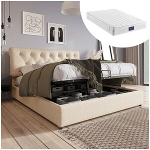 Merax Lit coffre rembourré - 140 x 200 cm - avec tête de lit réglable + rangement hydraulique - lin - naturel(avec matelas) Merax Lit coffre rembourré - 140 x 200 cm - avec tête de lit réglable + rangement hydraulique - lin - naturel(avec matelas)