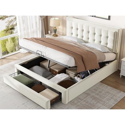 Merax Lit coffre avec tête de lit - 140 x 200 cm - 2 tiroirs - velours - sommier à lattes - style contemporain - blanc Merax Lit coffre avec tête de lit - 140 x 200 cm - 2 tiroirs - velours - sommier à lattes - style contemporain - blanc