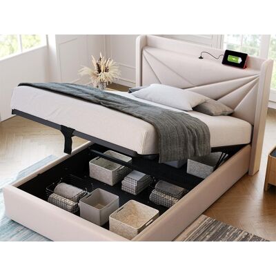 Lit de Rangement MERAX - 90x200cm - Beige - Lin - USB & Type-C Lit de Rangement MERAX - 90x200cm - Beige - Lin - USB & Type-C