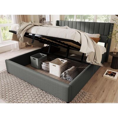 Merax Lit coffre avec tête de lit - 180 x 200 cm - tissu lin - sommier à lattes - gris Merax Lit coffre avec tête de lit - 180 x 200 cm - tissu lin - sommier à lattes - gris