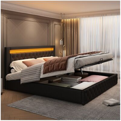 Merax Lit coffre avec tête de lit - 160 x 200 cm - Cuir PU et LEDs - Sommier à lattes - Style contemporain - Noir Merax Lit coffre avec tête de lit - 160 x 200 cm - Cuir PU et LEDs - Sommier à lattes - Style contemporain - Noir