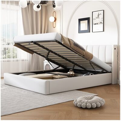 Merax Lit coffre binaural avec tête de lit réglable - 160 x 200 cm - Cuir PU - LEDs et USB - Sommier à lattes - Blanc Merax Lit coffre binaural avec tête de lit réglable - 160 x 200 cm - Cuir PU - LEDs et USB - Sommier à lattes - Blanc