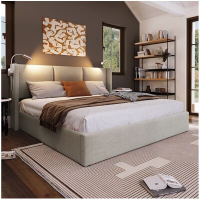 Merax Lit coffre 140 x 200 cm avec tête de lit - tissu lin - USB +lampe de lecture - beige Merax Lit coffre 140 x 200 cm avec tête de lit - tissu lin - USB +lampe de lecture - beige