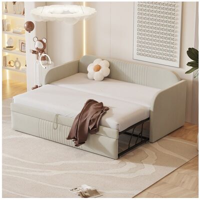 Merax Lit gigogne 90/180 x 190 cm - tissu en lin - motif à rayures verticales - coloris gris beige (matelas non inclus) Merax Lit gigogne 90/180 x 190 cm - tissu en lin - motif à rayures verticales - coloris gris beige (matelas non inclus)