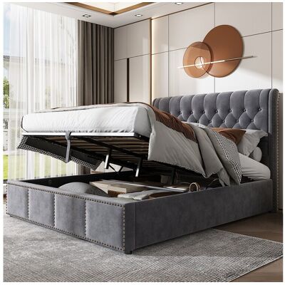 Merax Lit coffre 160 x 200 cm avec tête de lit - velours - décor avec boutons - coloris gris Merax Lit coffre 160 x 200 cm avec tête de lit - velours - décor avec boutons - coloris gris