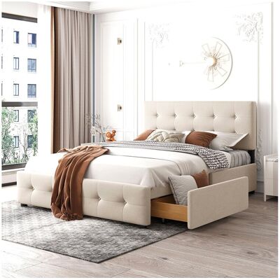 Lit avec tiroirs double capitonné 140 x 200 cm - avec 4 tiroirs, sommier à lattes, tête de lit, velours, style scandinave - lit adulte Beige Lit avec tiroirs double capitonné 140 x 200 cm - avec 4 tiroirs, sommier à lattes, tête de lit, velours, style scandinave - lit adulte Beige