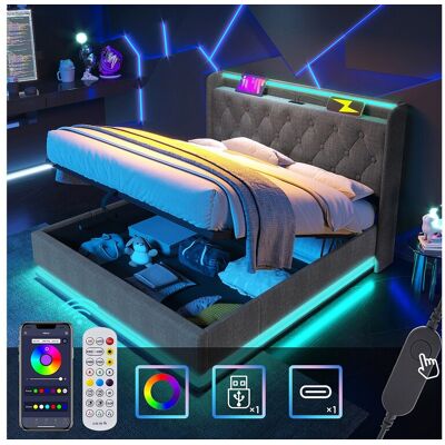 Merax Lit coffre 140 x 200 cm avec tête de lit rangement - Prises USB et LEDs - Tissu en lin - Motif boutons - Gris (sans matelas) Merax Lit coffre 140 x 200 cm avec tête de lit rangement - Prises USB et LEDs - Tissu en lin - Motif boutons - Gris (sans matelas)