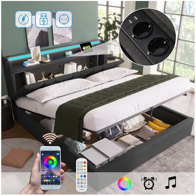 Merax Lit coffre 140 x 200 cm avec tête de lit rangement - Eclairage LED et chargement USB - Tissu en lin - Gris Merax Lit coffre 140 x 200 cm avec tête de lit rangement - Eclairage LED et chargement USB - Tissu en lin - Gris