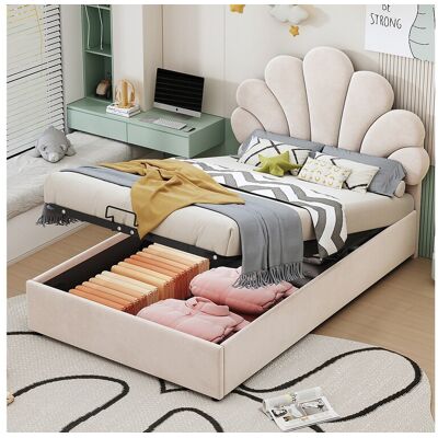 Merax Lit coffre 90 x 200 cm avec tête de lit fleurie réglable - tissu velours - beige (sans matelas) Merax Lit coffre 90 x 200 cm avec tête de lit fleurie réglable - tissu velours - beige (sans matelas)