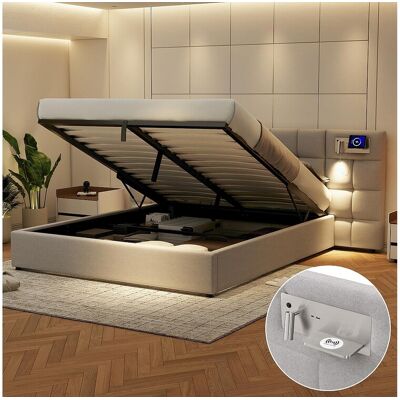Merax Lit coffre 180 x 200 cm avec grande tête de lit - Port USB & recharge sans fil & lampe lumineuse - Tissu en lin - Gris (sans matelas) Merax Lit coffre 180 x 200 cm avec grande tête de lit - Port USB & recharge sans fil & lampe lumineuse - Tissu en lin - Gris (sans matelas)