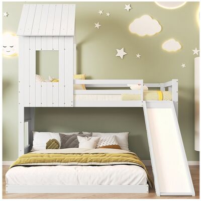 Merax Lits superposés 90 x 200 cm + 140 x 200 cm avec toboggan, fenêtre et toit pour enfant - bois de pin + MDF - blanc (sans matelas) Merax Lits superposés 90 x 200 cm + 140 x 200 cm avec toboggan, fenêtre et toit pour enfant - bois de pin + MDF - blanc (sans matelas)