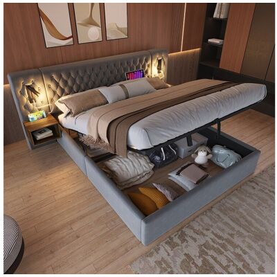 Merax Lit coffre 180 x 200 cm avec tête de lit et 2 tables de chevet - lampe de lecture et prises USB - Velours - Gris (sans matelas) Merax Lit coffre 180 x 200 cm avec tête de lit et 2 tables de chevet - lampe de lecture et prises USB - Velours - Gris (sans matelas)
