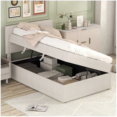 Merax Lit coffre 90 x 200 cm avec tête de lit - Tissu en lin - Ouverture latérale - Sommier à lattes - Beige (sans matelas) Merax Lit coffre 90 x 200 cm avec tête de lit - Tissu en lin - Ouverture latérale - Sommier à lattes - Beige (sans matelas)