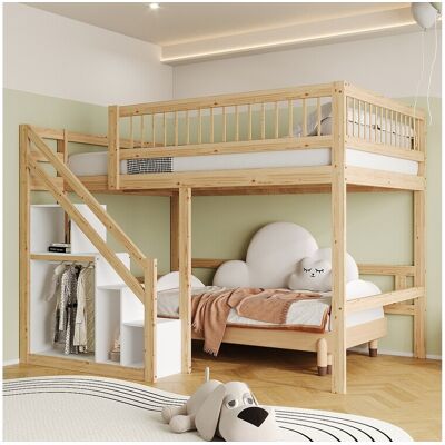 Merax Lit mezzanine 140 x 200 cm avec placard de rangement - Bois massif + MDF - Naturel et blanc (sans matelas) Merax Lit mezzanine 140 x 200 cm avec placard de rangement - Bois massif + MDF - Naturel et blanc (sans matelas)