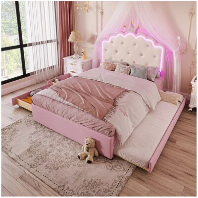 Merax Lit gigogne 140 x 200 cm avec tête de lit en couronne - Cuir PU - LEDs - Sommier à lattes - Rose (Sans matelas) Merax Lit gigogne 140 x 200 cm avec tête de lit en couronne - Cuir PU - LEDs - Sommier à lattes - Rose (Sans matelas)