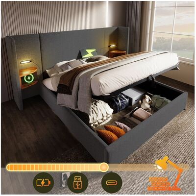 Merax Lit coffre 180 x 200 cm avec grand tête de lit et chevets - Lampe de lecture et prises USB + Type-C - Tissu en lin - Gris (sans matelas) Merax Lit coffre 180 x 200 cm avec grand tête de lit et chevets - Lampe de lecture et prises USB + Type-C - Tissu en lin - Gris (sans matelas)