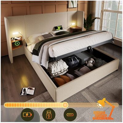 Merax Lit coffre 180 x 200 cm avec grand tête de lit et chevets - Lampe de lecture et prises USB + Type-C - Tissu en lin - Beige (sans matelas) Merax Lit coffre 180 x 200 cm avec grand tête de lit et chevets - Lampe de lecture et prises USB + Type-C - Tissu en lin - Beige (sans matelas)
