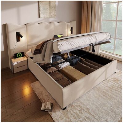 Merax Lit coffre 180 x 200 cm avec grand tête de lit - Lampe de lecture et prises USB + Type-C - Tissu lin et bois massif - Beige (sans matelas) Merax Lit coffre 180 x 200 cm avec grand tête de lit - Lampe de lecture et prises USB + Type-C - Tissu lin et bois massif - Beige (sans matelas)