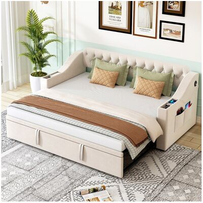 Merax Lit gigogne 90/180 x 190 cm avec tête de lit - 2 poches et charge USB - Velours - Beige Merax Lit gigogne 90/180 x 190 cm avec tête de lit - 2 poches et charge USB - Velours - Beige