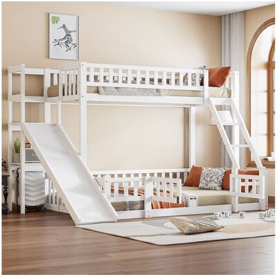 Merax Lits superposés 140 x 200 cm + 90 x 200 cm avec toboggan, étagères et barrières de protection - Pin+MDF - Blanc (sans matelas) Merax Lits superposés 140 x 200 cm + 90 x 200 cm avec toboggan, étagères et barrières de protection - Pin+MDF - Blanc (sans matelas)