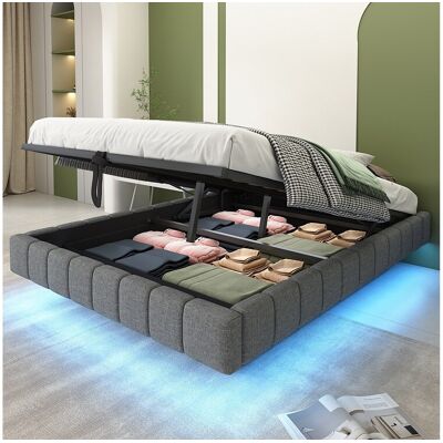 Merax Lit coffre double rembourré - 140 x 200 cm - sans tête + Leds - Tissu lin - Gris Merax Lit coffre double rembourré - 140 x 200 cm - sans tête + Leds - Tissu lin - Gris