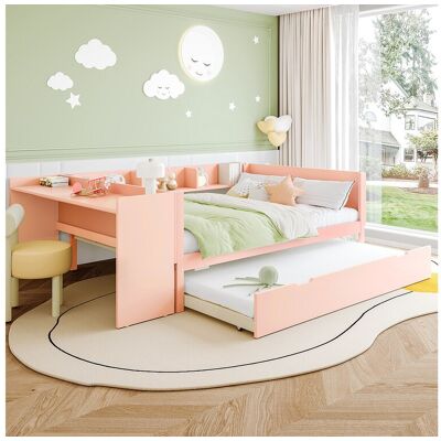 Merax lit gigogne - 140 x 200 cm + 90 x 190 cm - rangements + bureau - sans matelas - pin + aggloméré - rose Merax lit gigogne - 140 x 200 cm + 90 x 190 cm - rangements + bureau - sans matelas - pin + aggloméré - rose