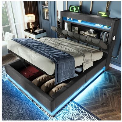 Merax Lit coffre capitonné - 90 x 200 cm - avec tête de lit + USB + Leds - rangement hydraulique - lin - gris Merax Lit coffre capitonné - 90 x 200 cm - avec tête de lit + USB + Leds - rangement hydraulique - lin - gris