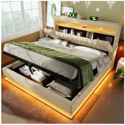 Merax Lit coffre double capitonné - 160 x 200 cm - avec tête de lit + USB + Leds + rangement hydraulique - lin - beige Merax Lit coffre double capitonné - 160 x 200 cm - avec tête de lit + USB + Leds + rangement hydraulique - lin - beige