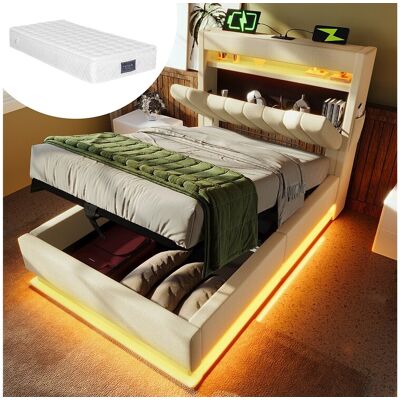Merax Lit coffre capitonné - 90 x 200 cm - tête de lit coffre avec USB et Type-C - avec Leds - avec matelas - lin - beige Merax Lit coffre capitonné - 90 x 200 cm - tête de lit coffre avec USB et Type-C - avec Leds - avec matelas - lin - beige