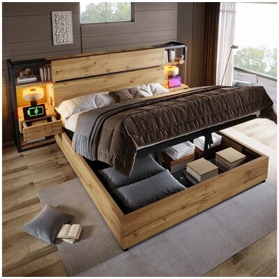 Merax Lit coffre double en bois - 180 x 200 cm - tête de lit avec 2 tiroirs + USB - MDF + métal - naturel Merax Lit coffre double en bois - 180 x 200 cm - tête de lit avec 2 tiroirs + USB - MDF + métal - naturel