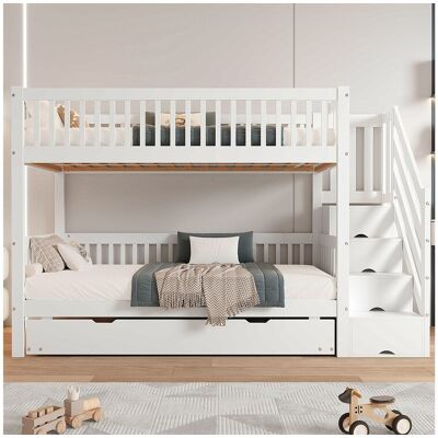 Merax Lit superposés - 2 x 90 x 200 cm - avec lit gigogne 90 x 190 cm - escalier de rangement - MDF - blanc Merax Lit superposés - 2 x 90 x 200 cm - avec lit gigogne 90 x 190 cm - escalier de rangement - MDF - blanc