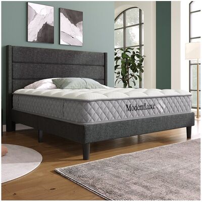 Merax Lit double rembourré - 140 x 200 cm - avec sommier à lattes + tête de lit - lin - gris(avec matelas) Merax Lit double rembourré - 140 x 200 cm - avec sommier à lattes + tête de lit - lin - gris(avec matelas)