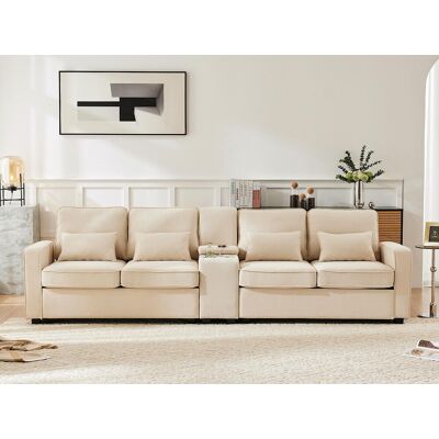 ModernLuxe Canapé moderne 4 places en tissu lin - avec ports USB et 2 porte-gobelets - Beige ModernLuxe Canapé moderne 4 places en tissu lin - avec ports USB et 2 porte-gobelets - Beige