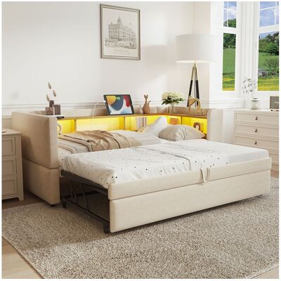 Merax Canapé-lit banquette gigogne - 2 x 90 x 190 cm - Rangements + Leds + prises de charge - Bois massif - beige Merax Canapé-lit banquette gigogne - 2 x 90 x 190 cm - Rangements + Leds + prises de charge - Bois massif - beige