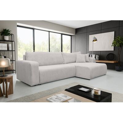 Canapé d'angle Luna XL avec fonction de couchage et coffre de rangement, couleur : gris clair, tissu cordé, pouf à gauche ou à droite Canapé d'angle Luna XL avec fonction de couchage et coffre de rangement, couleur : gris clair, tissu cordé, pouf à gauche ou à droite