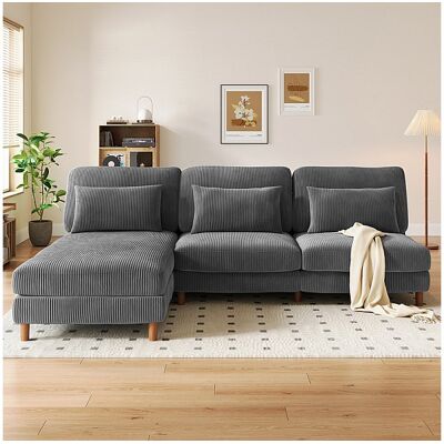 DripeX Canapé d'angle réversible en velours cotelé - 2 places + méridienne - Gris - 256 x 160 x 88 cm DripeX Canapé d'angle réversible en velours cotelé - 2 places + méridienne - Gris - 256 x 160 x 88 cm