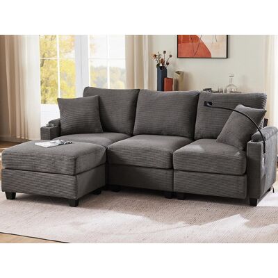 ModernLuxe Canapé d'angle en L - 3 places - Avec repose-pieds + porte-gobelet - Chargeur USB - 2 coussins - Gris foncé ModernLuxe Canapé d'angle en L - 3 places - Avec repose-pieds + porte-gobelet - Chargeur USB - 2 coussins - Gris foncé