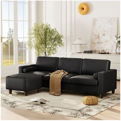 DripeX Canapé 3 places en simili, avec pouf et 2 oreillers rond, cadre en bois, 234x155x88cm, Noir DripeX Canapé 3 places en simili, avec pouf et 2 oreillers rond, cadre en bois, 234x155x88cm, Noir