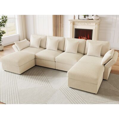 ModernLuxe Canapé d'angle en forme de U - 6 places - avec accoudoirs réglables - avec repose-pieds amovible - Velours côtelé - beige ModernLuxe Canapé d'angle en forme de U - 6 places - avec accoudoirs réglables - avec repose-pieds amovible - Velours côtelé - beige