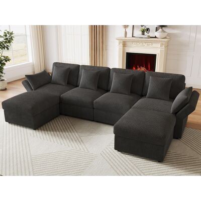 ModernLuxe Canapé d'angle en forme de U - 6 places - avec accoudoirs réglables - avec repose-pieds amovible - Velours côtelé - gris ModernLuxe Canapé d'angle en forme de U - 6 places - avec accoudoirs réglables - avec repose-pieds amovible - Velours côtelé - gris