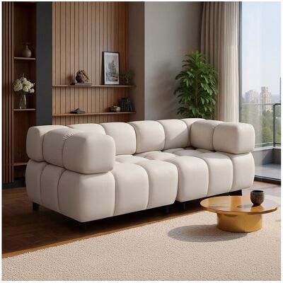 Canapé 3 places capitonné en velours beige 192 cm - TONDO Canapé 3 places capitonné en velours beige 192 cm - TONDO