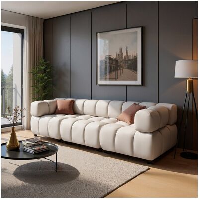 Canapé 4 places capitonné en velours beige 288 cm - TONDO Canapé 4 places capitonné en velours beige 288 cm - TONDO